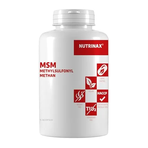 NUTRINAX | MSM 365 vegane Kapseln 800mg | 1600mg Methylsulfonylmethan pro Tagesdosis | 365 vegane Kapseln | ohne Magnesiumstearat | ohne Zusätze | hochdosiert | vegan