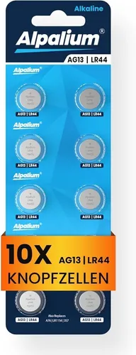 Alpalium AG13 LR44 10er Blister Knopfzelle Alkaline 1,5V - Zuverlässige 10er Blisterpackung mit LR44 Knopfzellen, ideal für Spielzeug und Alltagsgeräte. Hohe Leistung und lange Lebensdauer für vielseitige Anwendungen.
