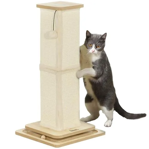 PawHut 3-in-1 Kratzstamm, 67cm Kratzsäule mit Spielball - Kratzsäule für Katzen mit integriertem Spielball und robustem Sisalbelag, ideal zur Förderung natürlicher Kratz- und Spielinstinkte in der Wohnung.