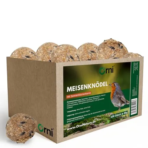 Orni Meisenknödel ohne Netz - 100 Stück mit Sonnenblumenkerne im umweltfreundlichen Karton - Energiegeladene Meisenknödel für Wildvögel: Ideal für Amseln und Meisen, ganzjährig fütterbar. Beste Qualität mit wertvollen Zutaten sorgt für hohe Akzeptanz bei Gartenvögeln.