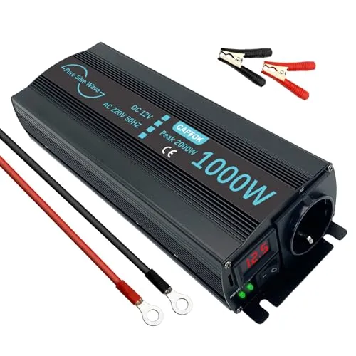 CAPTOK Spannungswandler 1000W/2000W Reiner Sinus KFZ Wechselrichter DC 12V auf AC 230V EU-Steckdose LCD Digital Anzeig Konverter