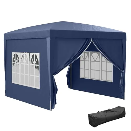 Outsunny Pavillon ca.3x3m, wasserabweisend Stabil Winterfest Pop-up Faltpavillon, UV Schutz 50+, Faltbar Partyzelt Gartenzelt mit 4 Seitenteilen Tasche Gartenpavillon für Camping Garten, Blau
