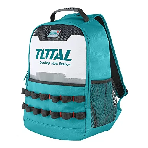 TOTAL Werkzeugrucksack | 34 x 17 x 43 cm | maximale Belastung 20 kg | mit fester Struktur und Außentaschen | Rucksack für Werkzeugtasche