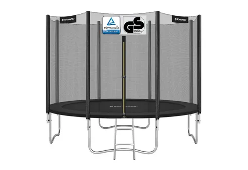 SONGMICS Gartentrampolin 366 cm mit Sicherheitsnetz und Leiter - Schwarz - Großer Spaß für Kinder: Die großzügige Sprungfläche fördert aktives Spielen. Sicherheit geht vor: Gepolsterte Stangen und Sicherheitsnetz bieten optimalen Schutz. Robuste Konstruktion: Stabiler Stahlrahmen sorgt für langanhaltenden Einsatz im Garten.