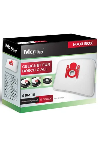 McFilter Staubsaugerbeutel 16 Stück, passend für Bosch BBZ16FGALL - Typ G ALL, Serie 2 Serie 4 Serie 6 Serie 8 GL-20 GL-30 allergy move on (mini) uvm., 16 St., 5-lagiger Staubbeutel mit Staubverschluss, inkl. 4 Filter