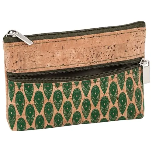SIMARU Kork Geldbeutel Mini, Slim Wallet, Geldbörse mit 2 Reißverschlussfächern für Karten, Scheine & Münzen, nachhaltiges Portemonnaie (Federn grün)