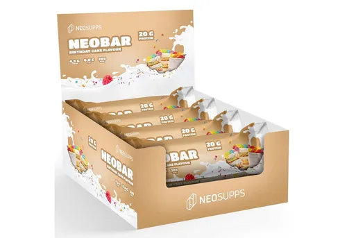 Neosupps Protein Riegel NeoBar Birthday Cake 12x60g - Proteinreicher Snack für Fitnessliebhaber - Genieße den NEOBAR in Birthday Cake mit 21g hochwertigem Protein pro Riegel. Zuckerarm und ohne Palmöl, ideal für bewusste Ernährung. Perfekt für unterwegs und nach dem Training!