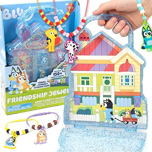 Bluey Freundschaftsschmuck, erstellen Sie 4 Charm-Armbänder und 2 Charm-Halsketten, inklusive 150 Perlen und 6 Gummi-Charms mit Aufbewahrungsbox, Geschenke für Kinder, Jungen, Mädchen