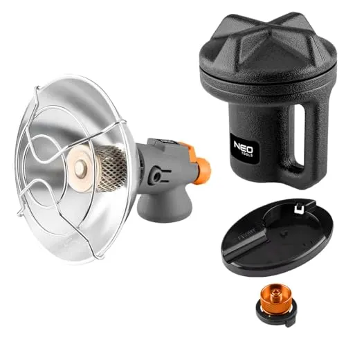NEO TOOLS Tragbare Gasheizung - Camping Heizung, perfekte Wärmequelle ohne Strom, Gasheizer für Outdoor, Terrassen, mobile Heizstrahler mit Piezozündung
