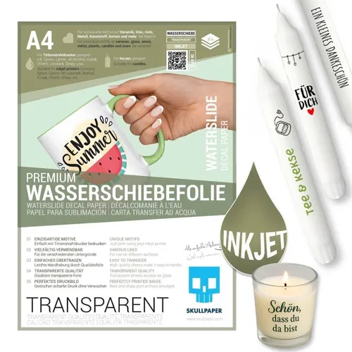 Wasserschiebefolie TRANSPARENT für Tintenstrahldrucker - 8 Blatt hauchdünn für DIY-Projekte - Wandschmuck & -tattoos, ideal für kreative DIY-Projekte mit individueller Gestaltungsmöglichkeit.