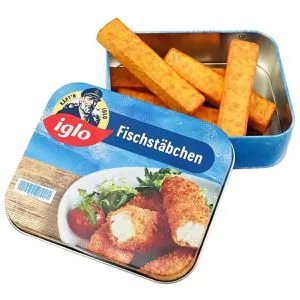 tanner Kaufladen-Zubehör 0969.9, 5 Iglo Fischstäbchen in Metalldose, aus Holz