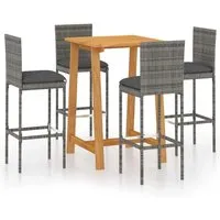 vidaXL 5-teiliges Gartenbar-Set mit Kissen in Grau - Elegantes Gartenbar-Set für Terrasse oder Balkon. Stabiler Tisch aus Akazienholz und robuste Barhocker mit wetterbeständigem PE-Rattan. Dicke, abnehmbare Kissen sorgen für hohen Komfort. Ideal für gesellige Abende im Freien.