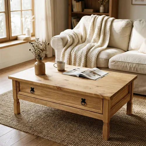IDIMEX Couchtisch TEQUILA im Mexiko Stil - Couchtisch im Landhausstil mit großer beidseitig ausziehbarer Schublade für optimalen Stauraum. Aus massiver Kiefer, mit eleganten schwarz lackierten Metallverzierungen.
