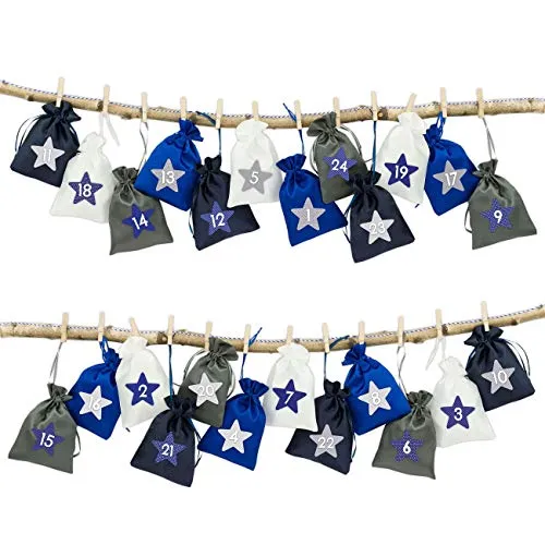 Papierdrachen 24 Adventskalender Stoffsäckchen zum Befüllen – mit Bäckergarn und Klammern – Stoffbeutel zum selber Dekorieren – Geschenksäckchen - maritim Nr 11
