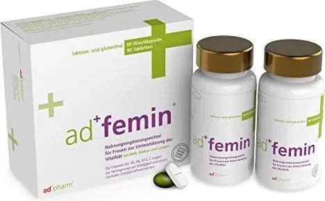 Adfemin Quartalspackung Kapseln - Nahrungsergänzung für Frauen mit 90 Weichkapseln und 90 Tabletten, unterstützt Vitalität und vermindert Müdigkeit. Gluten- und lactosefrei, ideal für einen aktiven Lebensstil.
