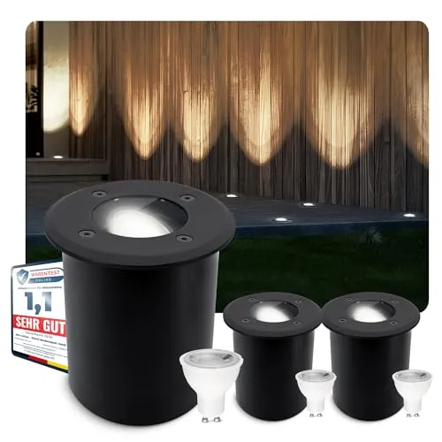 SSC-LUXon JUAVI Bodenleuchte - 3 Stück Einbau Außenleuchte IP67, schwenkbar - Wetterfeste Außenleuchte mit GU10 LED, ideal für Garten und Terrasse. Trittfest bis 2000 kg, schwenkbar und einfach zu installieren – für stilvolle Beleuchtung in jedem Außenbereich.