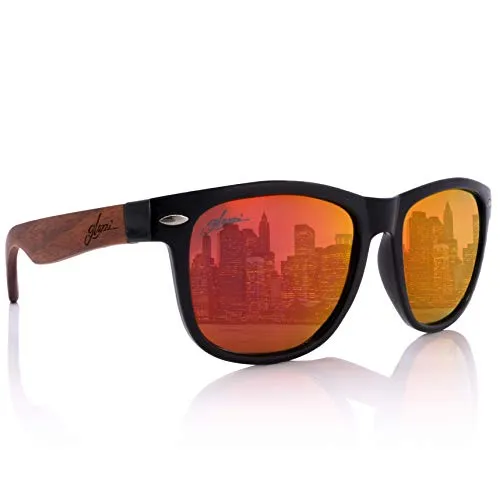 glozzi Sonnenbrille Herren und Damen Holz Verspiegelt Polarisiert und Entspiegelt UV400 Rot mit Holzbügeln aus Walnuss und Brillenetui aus Kork