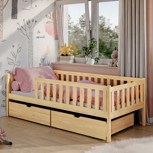 Kids Collective Kinderbett mit Rausfallschutz und Schubladen - Betten für Kinder, mit praktischen Schubladen für zusätzlichen Stauraum und einem robusten Sicherheitsgeländer für eine sichere Schlafumgebung.