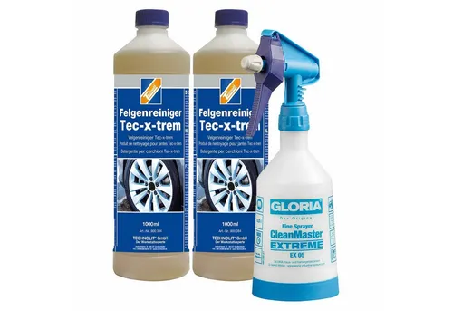 TECHNOLIT Felgenreiniger Tec-x-trem 2x1L - Effektiver Flugrostentferner - Autopflege & Motorradpflege - Ideal für Stahl-, Alu- und Chromfelgen, wirkt selbsttätig und ist gebrauchsfertig, säurefrei für schonende Reinigung.