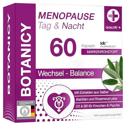 Botanicy MENOPAUSE TAG & NACHT - Wechseljahre Kapseln - Medikamente bei Wechseljahren für Frauen ab 40. Kombination aus Pflanzenextrakten und Vitaminen, die Nerven und Psyche unterstützen und Hitzewallungen lindern. Hormonfrei und vegan für einen entspannten Alltag.
