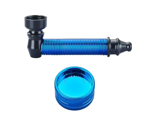 TABAKPFEIFE + GRINDER Tabak Glaspfeife Pfeife Mühle Crusher Kräutermühle Gewürzmühle Pipe 85 (Blau)