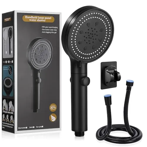 jutyum Duschkopf mit 1.5M Schlauch, 6 Strahlarten Wassersparend, Duschbrause und Halterung Ohne Bohren, Handbrause, Shower Head, Schwarz