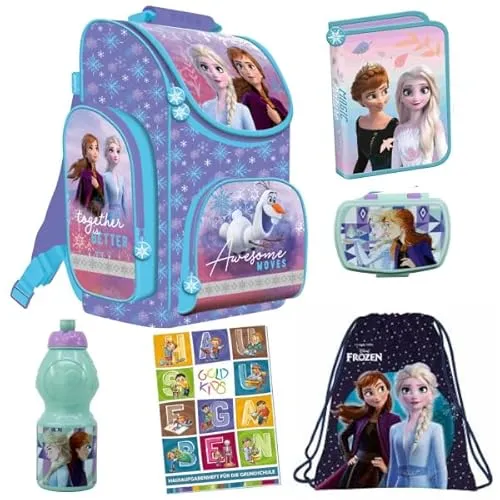 Goldkids 6-teiliges Schulranzen Set Frozen Eiskönigin - Umfassendes Schultaschen-Set mit ergonomischem Ranzen, Federmappe, Turnsack und mehr, ideal für Grundschüler. Wasserabweisend und leicht für optimalen Tragekomfort.