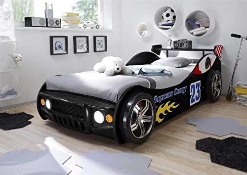 möbelando Autobett Letta I Schwarz - Kleinkindbett für Rennfahrer, 90 x 200 cm Liegefläche, mit LED-Beleuchtung und sportlichem Design - ein echter Hingucker im Kinderzimmer!