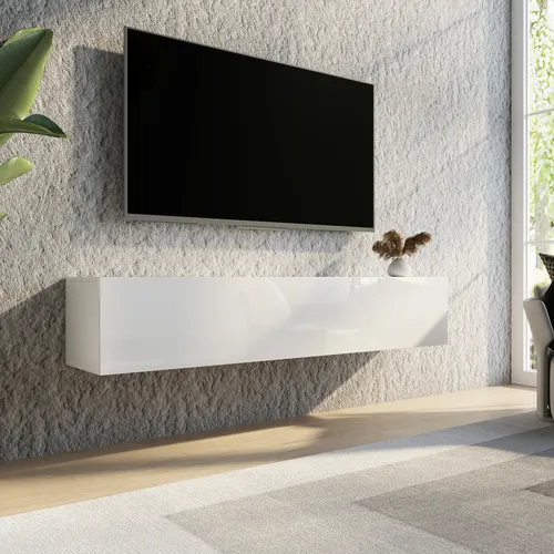 Modernes TV Lowboard in Weiß Hochglanz 160cm - TV-Möbel & Schrankwände mit 1 Tür, schwebendem Design und modernem Stil, ideal für ein elegantes Wohnzimmer.