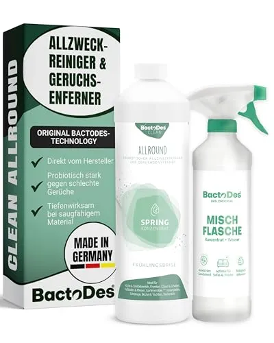 BactoDes - Clean Allround SPRING probiotischer Allzweckreiniger 1L Konzentrat mit Sprayflasche - Spezial Enzymreiniger mit bio Mikroben-Wirkung - Effektiver Geruchsneutralisierer & Geruchsentferner