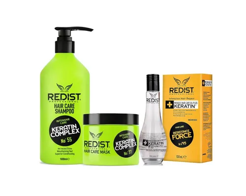 Redist Haarpflege-Set Keratin - Shampoo, Haarkur & Haaröl, 3-tlg. Spar-Set - Vielseitiges Haarpflege-Set mit Keratin für intensive Pflege und Glanz. Ideal für trockenes und strapaziertes Haar. Enthält Shampoo, Haarkur und Haaröl für geschmeidige, gesunde Haare ohne Parabene und Sulfate.