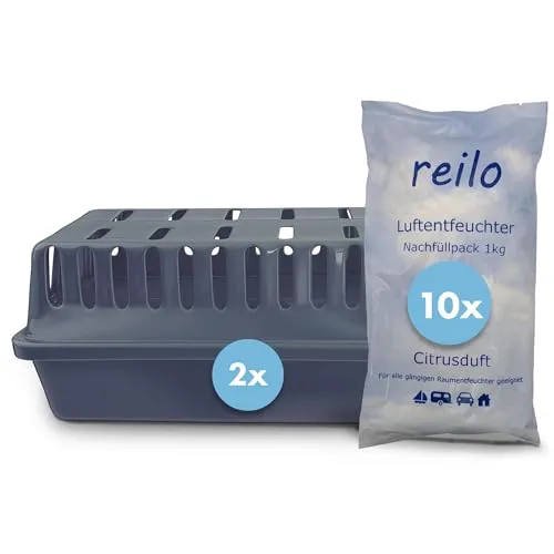 reilo 2x XXL Raumentfeuchterbox und 10x 1kg Citrus-Duft Luftentfeuchtergranulat, Luftentfeuchter-Komplettset, Raumentfeuchter im Vliesbeutel, für Auto, Schlafzimmer, Keller