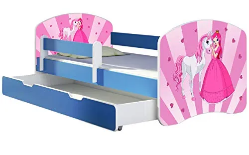 ACMA Kinderbett Jugendbett mit Einer Schublade und Matratze Blau mit Rausfallschutz Lattenrost II 140x70 160x80 180x80 (08 Princess, 160x80 + Bettkasten)