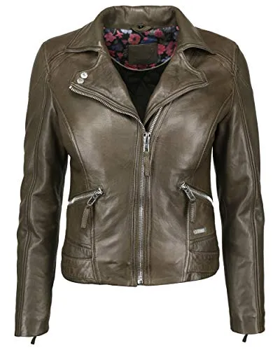 Mustang Damen Lederjacke 31019271 Olive S - Funktionsjacke mit stylischem Blumeninnenfutter und körpernaher Passform, ideal für trendbewusste Frauen.