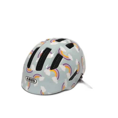 Abus Smiley 3.0 LED blue rainbow M (50-55 cm) - Fahrradhelm für Kinder mit 180° Sichtbarkeit durch integriertes LED-Rücklicht, ideal für sicheres Radfahren in der Dämmerung und anpassbare Passform für optimalen Tragekomfort.