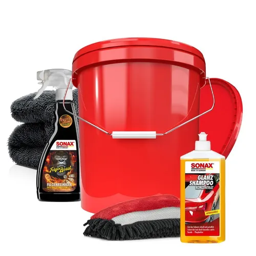 SONAX Auto Eimer Wasch Set - Reinigungsset für Außenpflege mit Glanzshampoo, säurefreiem Felgenreiniger und hochwertigem Mikrofasertuch für streifenfreie Ergebnisse.