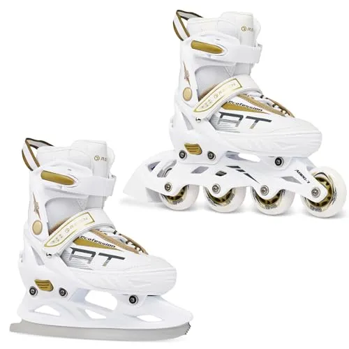 RAVEN Profession Inlineskates Inliner für Kinder und Erwachsene OPTIONAL 2in1 mit Schlittschuhen verstellbar (White/Gold mit Kufen, 38-42 (25cm-27,5cm))