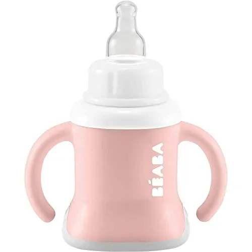 BÉABA Trinklernbecher für Babys, mit Trinkflasche/Tasse, auslaufsicher, erleichtert die Handhabung, ergonomisch, Strohhalm, 3-in-1-Erweiterungsclip, Kappe, Old Pink