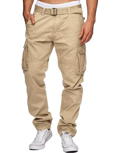 Indicode Herren William Cargohose aus Baumwolle m. 7 Taschen inkl. Gürtel | Outdoorhose Greige, 3XL