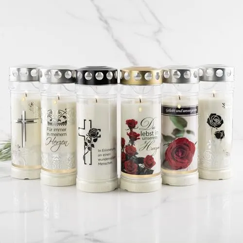 HOFER GRABKERZEN 6er Set - 7 Tage Brenndauer, regenfest und stilvolle Motive - Kerzen im Glas mit 7 Tagen Brenndauer, regenfest und ideal für Grabdeko. Stilvolle Designs und Sprüche drücken ewige Verbundenheit aus.