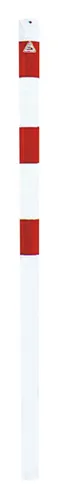 Schake Absperrpfosten rot/weiß zum einbetonieren mit 2 Ösen - Robuster Absperrpfosten für sichere Verkehrslenkung, ideal für öffentliche Bereiche und Baustellen.