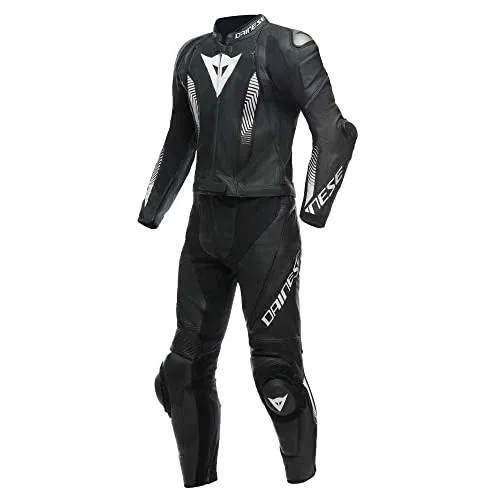 Dainese Laguna Seca 5 Lederkombi 2tlg. - Schwarz/Schwarz/Weiß - 46 - Zertifizierte Motorradkombination aus hochwertigem Tutu-Rindsleder, bietet höchsten Schutz und Beweglichkeit durch innovative Tri-Axial-Technologie und atmungsaktives Futter für optimalen Komfort.