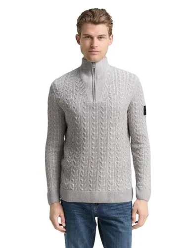 TOM TAILOR Herren 1049370 Troyer Strickpullover mit Zopfmuster, 39407-Grey Offwhite Plated, L