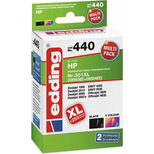 Edding Druckerpatrone ersetzt HP 301XL, CH563EE, CH564EE - Kombi-Pack Schwarz, Cyan, Magenta - Druckerpatronen für Tintenstrahl-Drucker, hervorragende Druckqualität zu einem attraktiven Preis und hohe Seitenergiebigkeit.