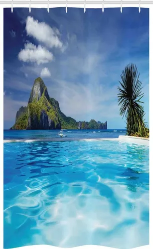 Abakuhaus Duschvorhang Badezimmer Deko Set aus Stoff mit Haken Breite 120 cm, Höhe 180 cm, Türkis Meer Berg Palms