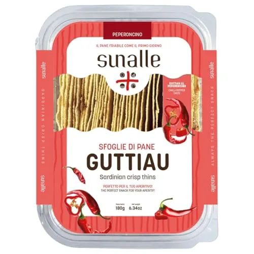 Sunalle Sfoglie Di Pane Guttiau, knusprige Snacks Pane Guttiau mit Peperoncino, wiederverschließbare Box, 180g (Chili)