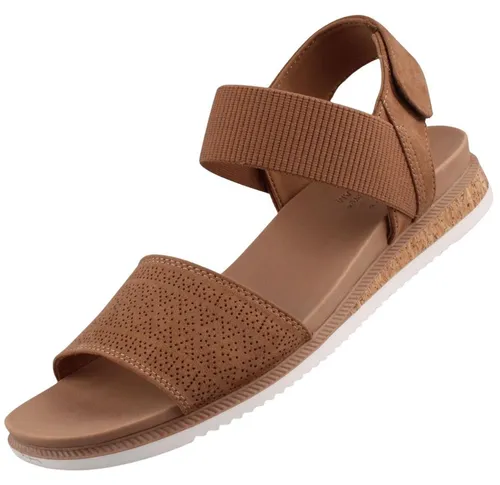 Skechers Bobs Desert Kiss Low Damen Sandale Braun - Elegante Damen Sandale in Braun mit filigraner Lochung und verstellbarem Knöchelriemen. Die bequeme Decksohle aus Synthetik sorgt für hohen Tragekomfort. Ideal für warme Tage und vielseitig kombinierbar.