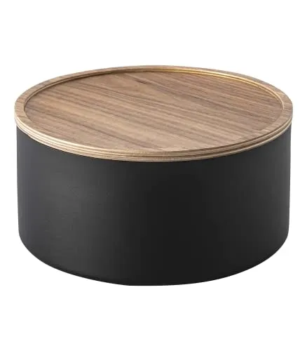 YAMAZAKI 5802 RIN Tiefe Aufbewahrungsbox mit Deckel, schwarz - Minimalistische Aufbewahrungsbox aus Stahl und Holz, perfekt zum Organisieren kleiner Gegenstände und mit zusätzlicher Ablagefläche durch den Holzdeckel.