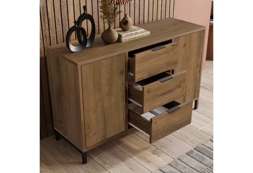 Flieks Kommode mit 3 Schubladen und 2 Türen - Vintage Kommode mit viel Stauraum, verstellbaren Metallfüßen und anpassbaren Einlegeböden – ideal für Flur, Wohnzimmer oder Schlafzimmer.