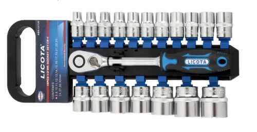 19-teiliger Steckschlüssel Satz 1/2 Zoll mit 60-Zahn Knarre - Professioneller Schlüsselsatz für Werkstätten, mit 60-Zahn Knarre für schnellen Nusswechsel und ergonomischen Griffen für komfortables Arbeiten.